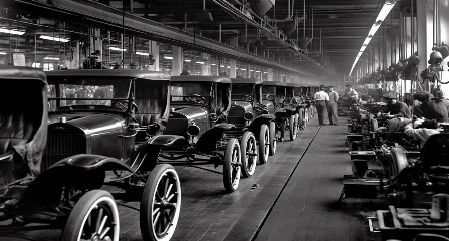 eine-fabrik-mit-vielen-autos-auf-dem-boden-und-den-worten-ford-auf-der-vorderseite Kopie
